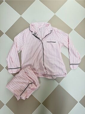 Victoria's Secret Pink and White Striped Cotton Pajama Set with Black Piping
